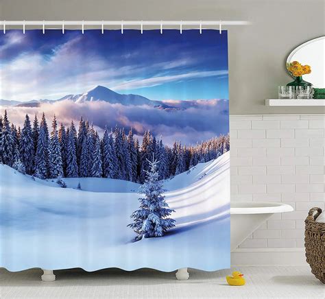 Winter Shower Curtain Doormat Surreal Winter Scenery With High Mountain