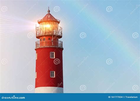 Lighthouse In Baltiysk Port Beautiful Rainbow And Beacon Lights Stock