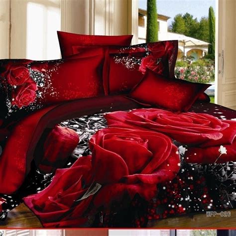 New D Red Rose Queen King Bedding Set Flower Print Comforter Set Pcs