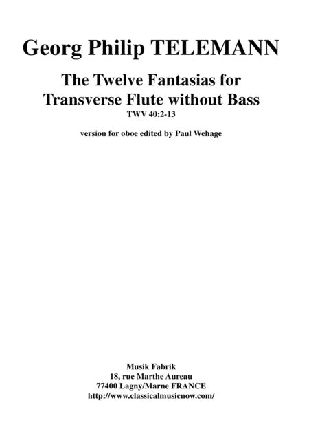 Georg Philipp Telemann 12 Fantasias For Flute Without Bass Twv 402 13 Adapted For Oboe By