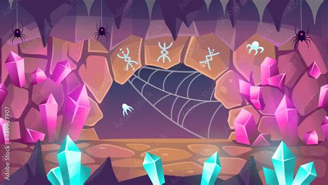 Fantasy Cave With Crystals Spiders And Runes Exit From The Cave