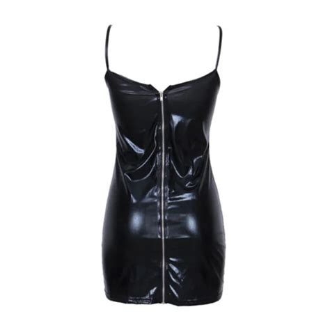 women sexy clubwear dress bodycon leather zipper sleeveless fashion wet look mini dresses solid