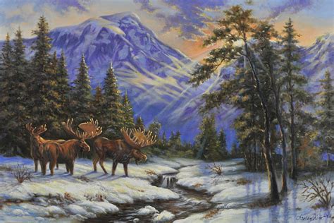 Moose In The Snow Valley Painting By Charles Kim Fine Art America