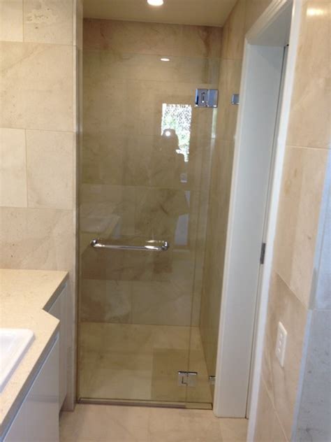 Frameless Shower Screen And Custom Handle Contemporary Bathroom