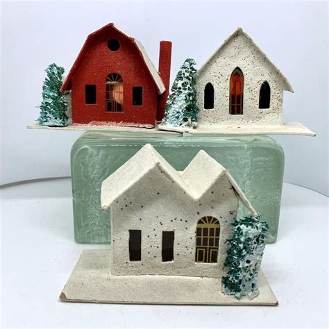 Vintage Christmas Village Putz Houses Set Of Three Detailed Etsy In