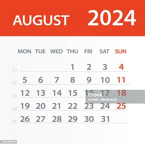 Daun Kalender Agustus 2024 Ilustrasi Vektor Ilustrasi Stok Unduh