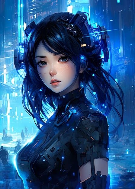 Premium Ai Image Cyberpunk Anime Girl Blue Light