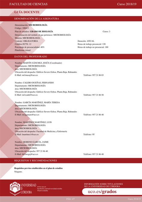 PDF Plan De Estudios GRADO DE BIOLOGA Curso 3 FACULTAD DE