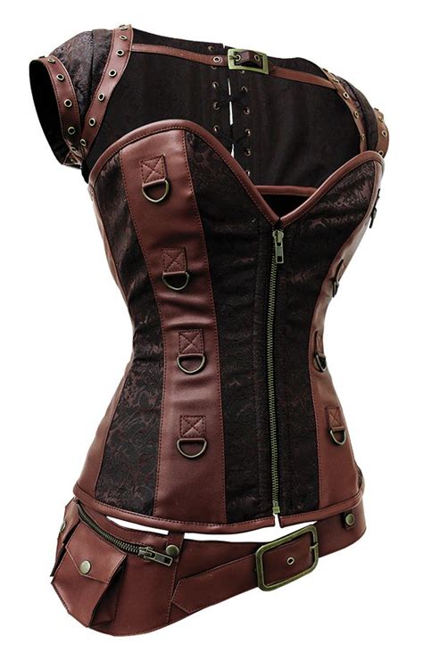 820 Brown Steampunk Faux Leather Corset With Removeable Jacket And Belt