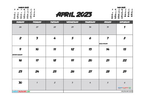 April 2023 Calendar Template Free Printable Word Sear