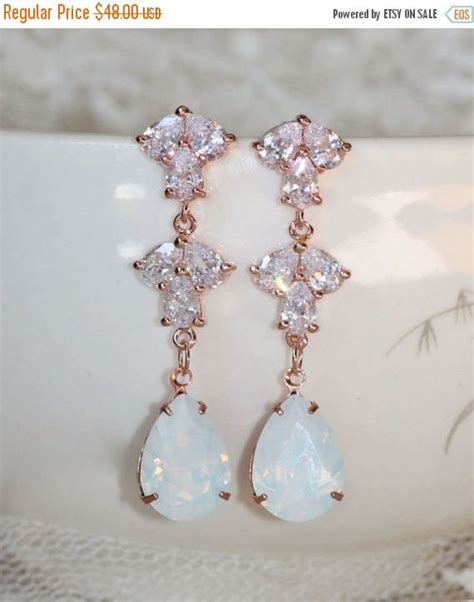 Rose Gold White Opal Chandelier Drop Earringsbridal Bride Etsy