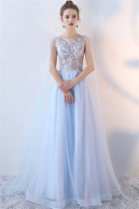 Light Blue Tulle Lace Long Prom Dress Blue Evening Dress