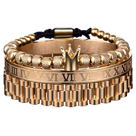 Luxury Gold Imperial Crown King Mens Roman Numeral Bracelet Fashionable