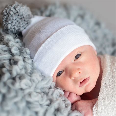 Newborn Baby Boy Hospital Beanie Hat With Grey Pom Pom White Color