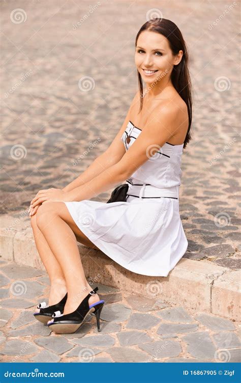 Young Beautiful Woman Sits On Step Stock Image Image Of Casual Happy