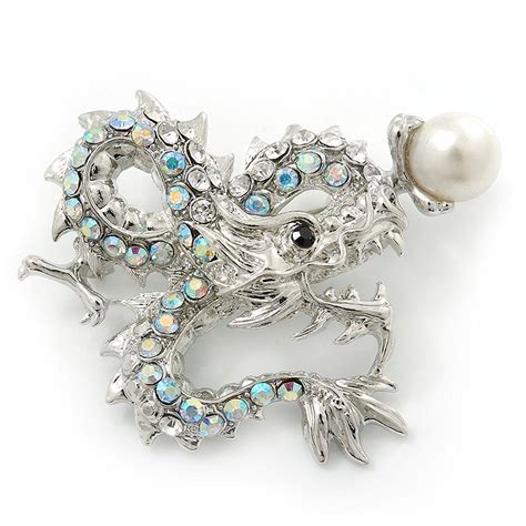 Classic Crystal Chinese Dragon Brooch With Simulated Pearl In Rhodium