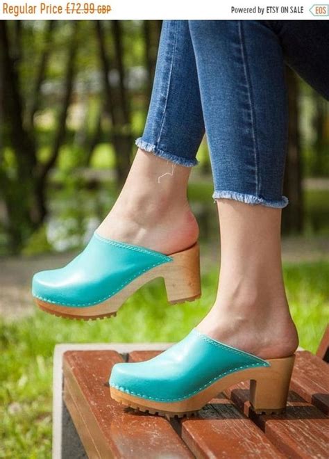 Swedish High Heel Clogs For Women Leather Handmade Teal Etsy High Heel Clogs Clogs Shoes