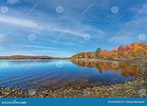 Lake Wallenpaupack In Poconos Pa On A Bright Fall Day Lined With Trees