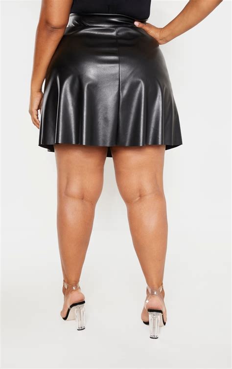 Plus Black Faux Leather Belted Skater Skirt Prettylittlething Aus