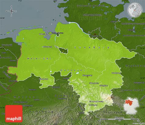 Niedersachsen is a german state located in the northwestern part of the country. Physical Map of Niedersachsen, darken
