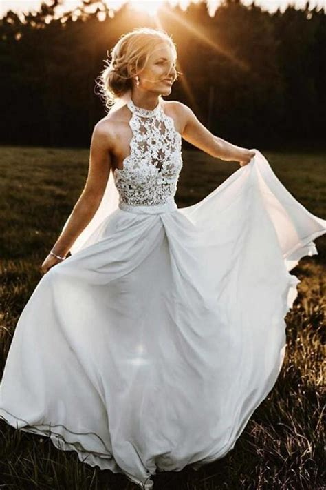 Simple silk wedding dresses are the ideal fit for modest brides who do not want a lot of frills or embellishments. Halter Lace Beach Wedding Dress with Chiffon Skirt ...