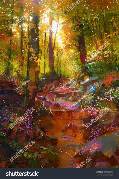 Landscape Painting Of Beautiful Autumn Forest With Sunlight