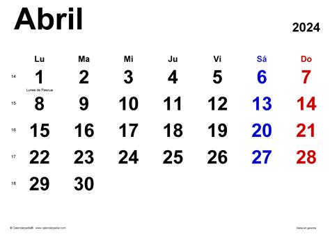 Calendario Abril 2024 En Word Excel Y Pdf Calendarpedia