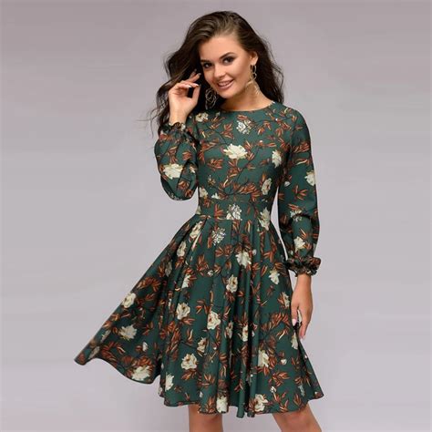 Autumn Winter Ladies Print Christmas Elegant Dress Lantern Sleeve O Neck A Line Knee Length