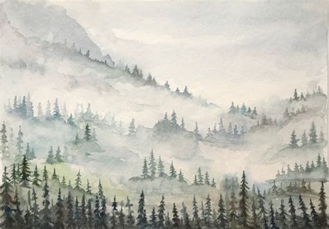 Misty Forest Watercolor Original Art Pine Trees Foggy Forest Painting