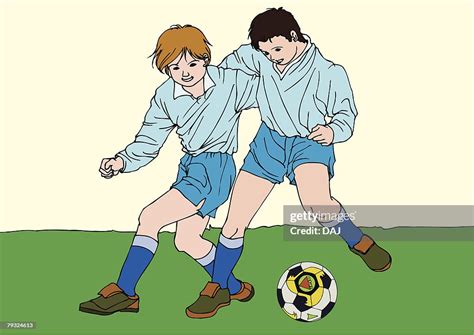 Painting Of Two Boys Playing Football Game Illustration High Res Vector