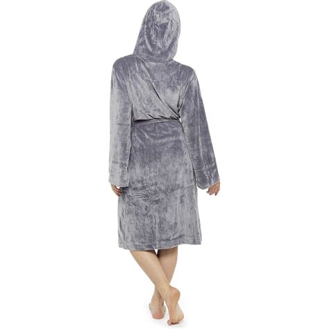 Ladies Luxurious Soft Dressing Gown Hooded Plain Fluffy Snuggle Fleece Warm Robe Ebay