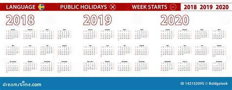 2018 2019 2020 Year Vector Calendar In Swedish Language Week Starts