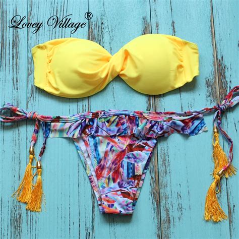 Lovey Village Yellow Bandeau Padded Bikini Bathing Suit Strapless Swimsuit Women Sexy Brazilian