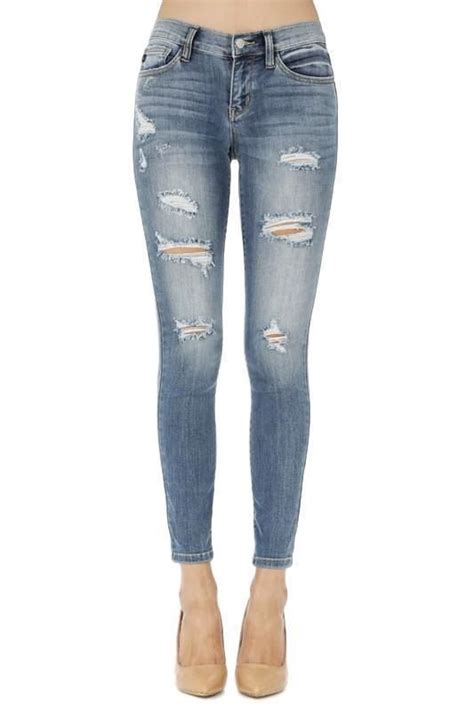 Judy Blue Mid Rise Distressed Denim Jeans Distressed Denim