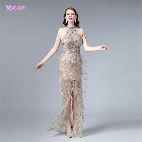 sexy nude slit evening dress 2019 halter crystals formal evening gown pageant dresses yqlnne