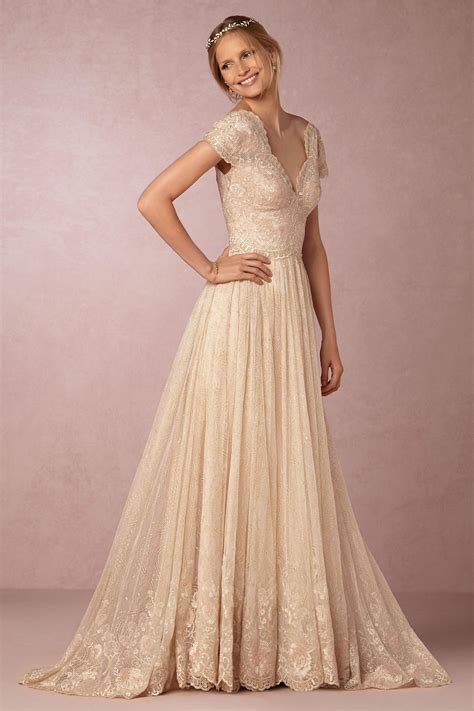 Bhldn 2016 Champagne Wedding Dresses With Cap Sleeves Scalloped Neck