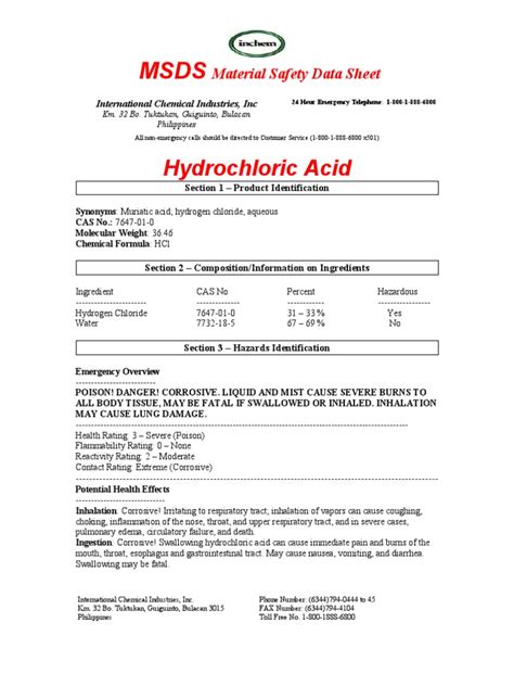 Material Safety Data Sheet Hydrochloric Acid Pdf Hydrochloric Acid