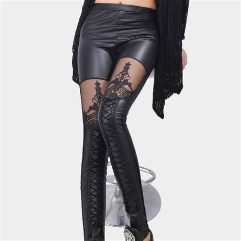 Brand New Leather Leggings Personalized Lace Stitching Ribbon Lady 9