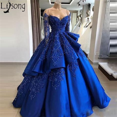 Ball Gown Long Sleeve Royal Blue Prom Dresses With Detachable Skirt