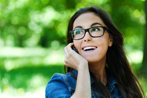 Cute Woman Glasses Talking Phone Stock Image Image Of Leisure Dark