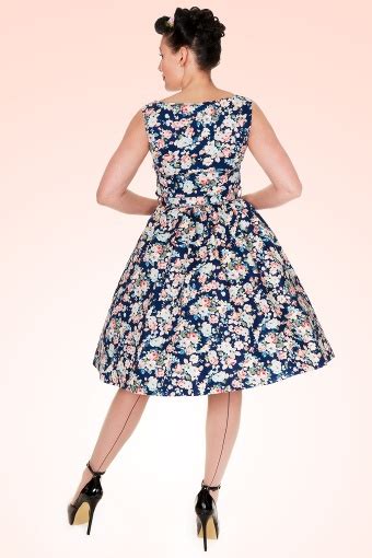50s Audrey Floral Semi Swing Dress In Dark Blue