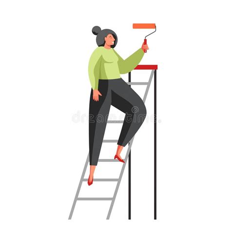 Woman Painting Wall Ladder Stock Illustrations Woman Painting