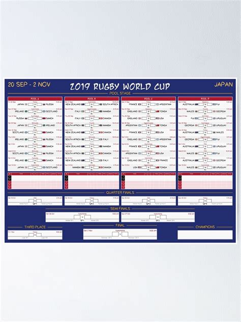 Rugby World Cup 2019 Wall Chart English Times And Channels Poster
