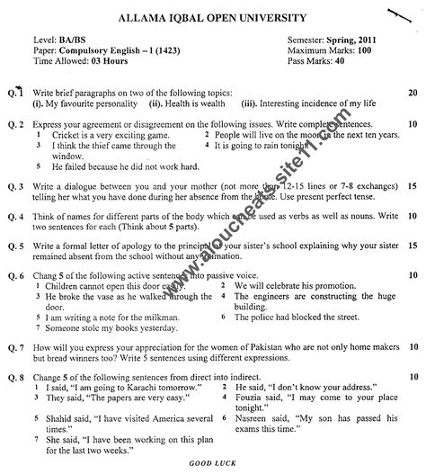 Aiou Old Papers Of Code 1423 English For Ba Bs