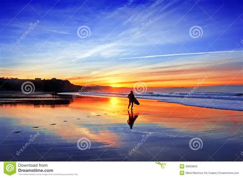 Surfer In Beach At Sunset Stock Image Image Of Board 39659603