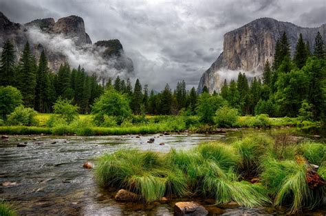 Nature Landscape Mountain Clouds Trees Forest HDR River Cliff Grass Pine Trees