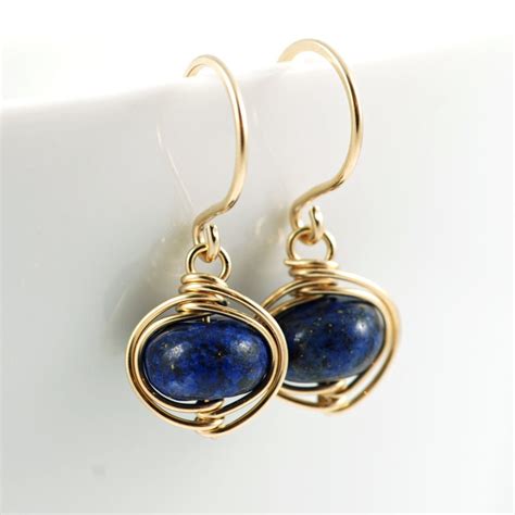 Navy Blue Lapis Lazuli Earrings 14k Gold Fill Dangle Etsy