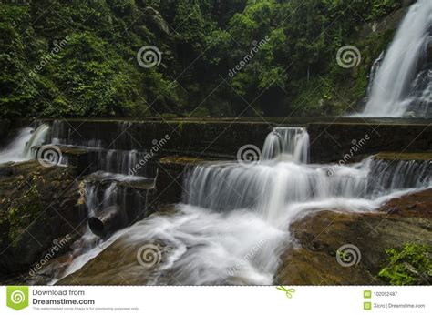 Waterfall Stream Surrounded By Green Tropical Green Forest Stock Image