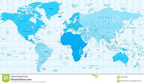 Detailed World Map Blue Colors Isolated On White Stock Vector