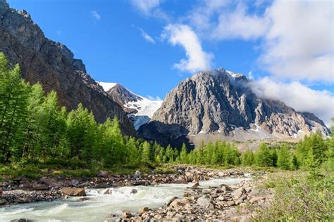 View Karatash Peak And Aktru Glacier Altai Republic Russia Stock